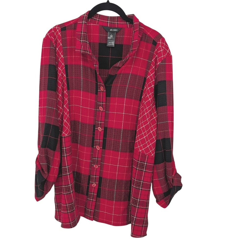 Ali Miles Button Up Women Large Red Mixed Plaid Roll Tab Sleeve Tunic Top Cabin